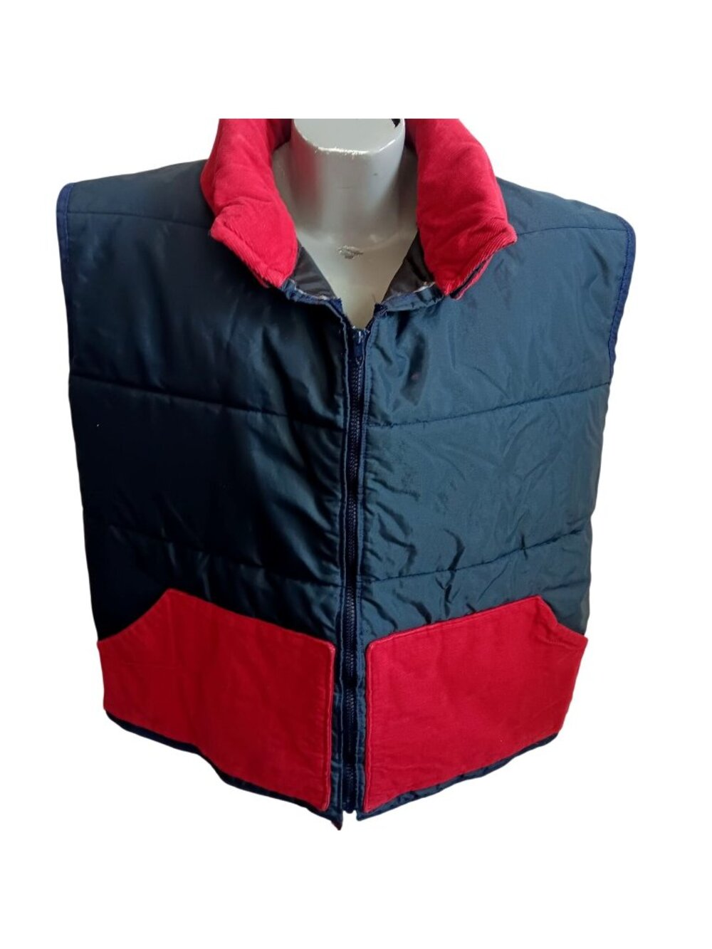 1OF1 XL Vintage 80's Mens Puffer Vest Red Corduroy Accents Handmade Rancher